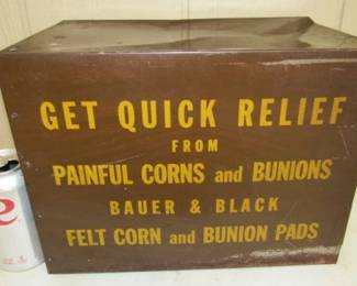 1940's Metal Corn & Bunion Pads Counter Top Store Cabinet - Has Drawers in Front & Advertising on 3 Sides