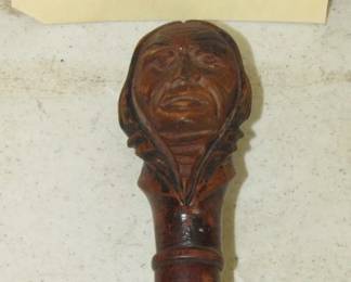 Fraternal Walking Cane w/Carved Indian Head & Many Names Carved All Over Cane