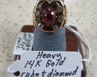 Heavy 14K Gold, Ruby & Diamond Ring