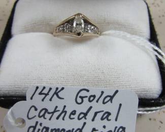14K Gold Cathedral Diamond Ring