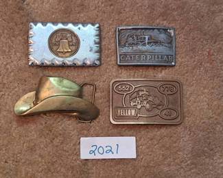 (4) Belt Buckles - Brass Cowboy Hat, Caterpillar, Trucker