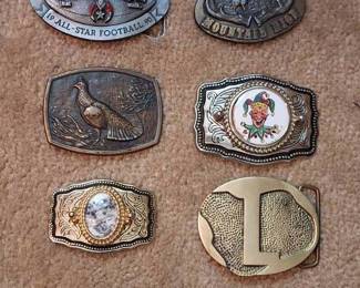 (6) Belt Buckles - Brass Quail, Brass L, Shriner Bowl, Rocky Mountain and Joker