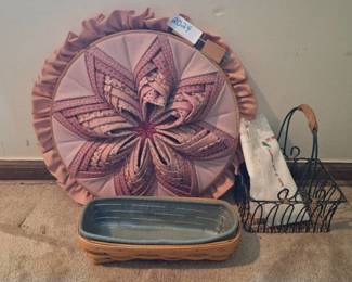 Longaberger Basket, Pink Plush Quilted Decor, and Wire Basket