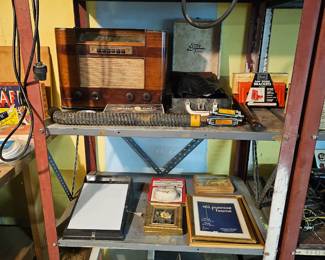 VINTAGE RADIO AND MISC. ITEMS-METAL SHELF