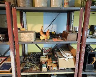 STONEWARE JUGS-MISCTOOLS AND METAL SHELF