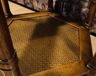 Vintage Mid Century Wood, Glass Top Hexagon Side Table w/Rattan Shelf.