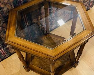 Vintage Mid Century Wood, Glass Top Hexagon Side Table w/Rattan Shelf.