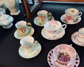 Large Selection of Tea Cup Sets w/Teapots. Colored Glass Sets.