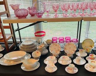 Large Selection of Tea Cup Sets w/Teapots. Colored Glass Sets.