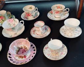 Large Selection of Tea Cup Sets w/Teapots. Colored Glass Sets.