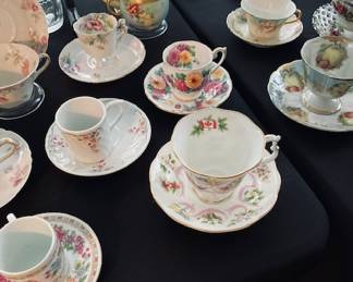 Large Selection of Tea Cup Sets w/Teapots. Colored Glass Sets.