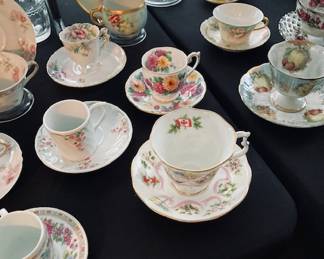 Large Selection of Tea Cup Sets w/Teapots. Colored Glass Sets.