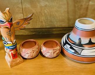 Vintage Wood Hand Painted Totem Pole, Hand Painted Potterry.