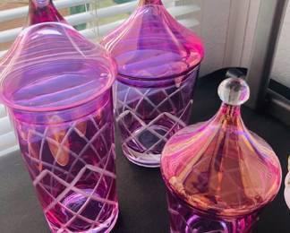 Vintage Purple Rainbow Art Glass Lidded Jars.