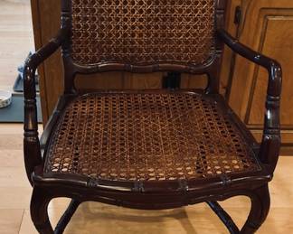 Vintage French Provincial Country Cane Faux Bamboo Wood Arm Chair. Louis XV.