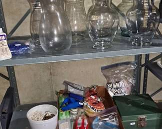 Grey Metal Shelving; Home Repair Goods; Glass Vases; Sun Tea Jar, etc.