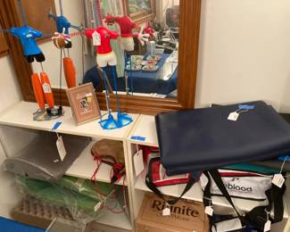 Carry-Alls, Wood Framed Mirror; Two White Laminate Shelves; Metal Figural Art, and much more.