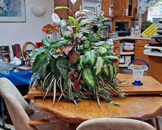 Oak Dining Table with Leaf; Upholstered Chairs with Wheels; Silk Florals; Art Glass Basket and much more!