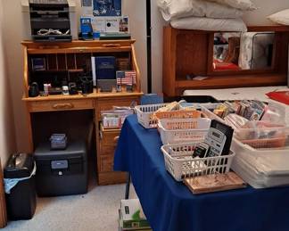 Tons of Assorted Office Supplies; Oak Roll Top Desk; Tall Torchier-Style Lamp; Pillows; Shredder; Printer; Safe and much more!