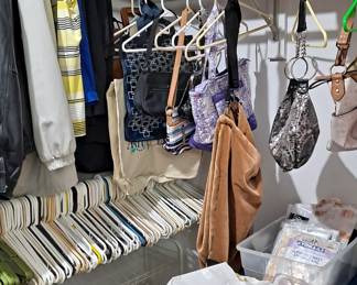 Large Assortment of Plastic Clothes Hangars; Closet Storage Supplies; Women's Clothes and Purses, etc.