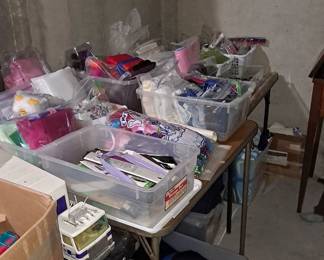 Assorted Crafting Supplies including Fabric / Material; Zippers; Other Sewing Notions; Beads and much more!!