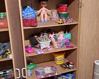 Assorted Children's Toys, Dolls, Games; including Multiple Tall Laminate Storage Cabinets with Shelving & Doors