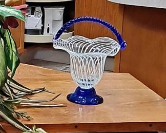 Cobalt Blue, White & Clear Art Glass Basket