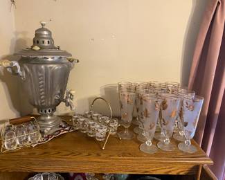 Antique Russian samovar along with some MCM barware