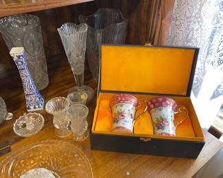 Close up of pottery and glass pieces