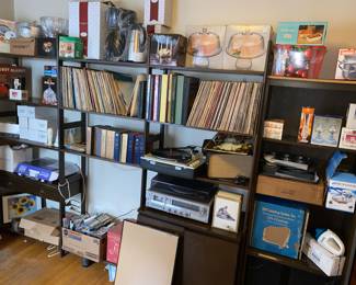 3 piece shelf set chock full of NIB items, records and stereo systems