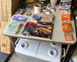 Cooler, electric desktop fan, zip ties, ant traps, painters tape, Elmers glue and hardware.