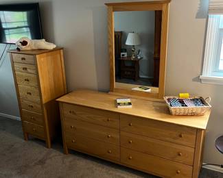  Six drawer oak  bureau and mirror and matching lingerie dresser.