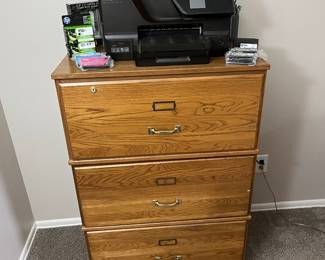 Oak stackable filing cabinet, HP printer/copier and several ink cartridges.