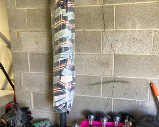 Deck umbrella with weighted stand.