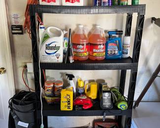 Icemelt, WD-40, wasp spray, round up, windshield washer fluid, deck wash, spray paint, lawn sprinklers, armor all car cleaners, snow brushes and metal flip top garbage can. 