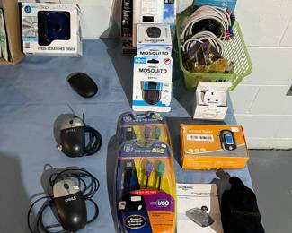 Skip doctor CD repair, carbon monoxide alarm, USB to PS two cables, early warning alarm, dell mouses and wireless mouse.