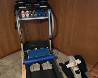 Pro form cross training machine, step elliptical  machine, balance bubble, ankle weights and exercise mat.