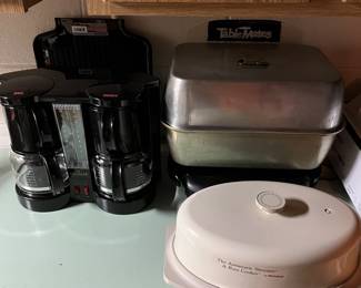 Dual coffee maker, roasting pan and steamer.