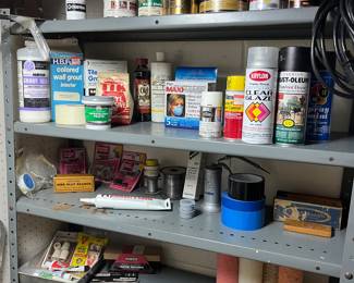 Paint, stain, Caulk, Grout, Vinyl adhesive, painters tape, plumbing supplies, sharpening stones, bungee cords, paint rollers and more.