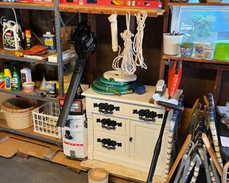 Antique wash stand,  hoses, toro blower/vacuum with all the accessories, rope, level and ext cords.