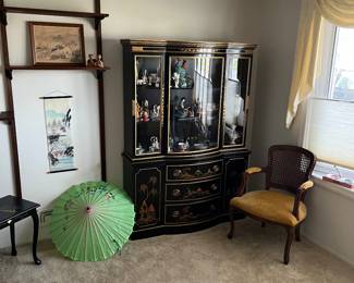 Black Lacquer hutch, umbrella and art work.