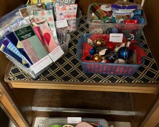 Ribbons, ornaments and sewing supplies. 