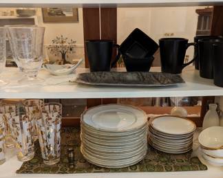 Serving for 10, set of ceramic coffee mugs and more.