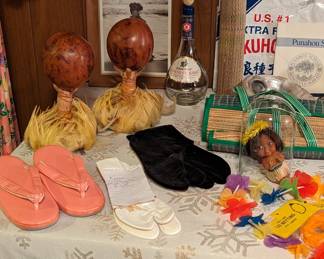 Hawaiian Morocco’s, lais,  bamboo mat, flip flops and more. 