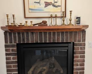 Four pair of brass plated candlesticks, wood mallet and base and signed nicely framed and matted artwork.