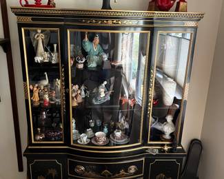Black Lacquer bowed glass front with lower side doors and drawers hutch.