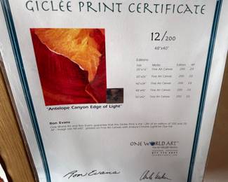 Antelope Canyon Edge of Light by Ron Evans with Giclee Print Certificate