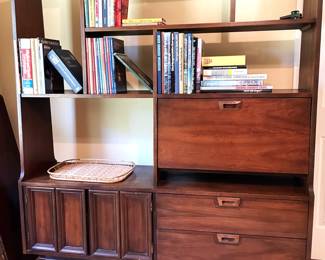 Mid-century Modern bookshelf, hardwood, with cabinets and drawers; rattan tray, books