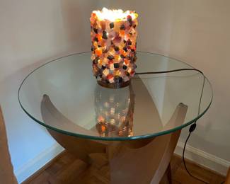 Mid-century modern glass and hardwood end table, lamo