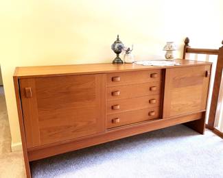 Hardwood Mid-century modern credenza, set of drawers, sideboard, lace doily